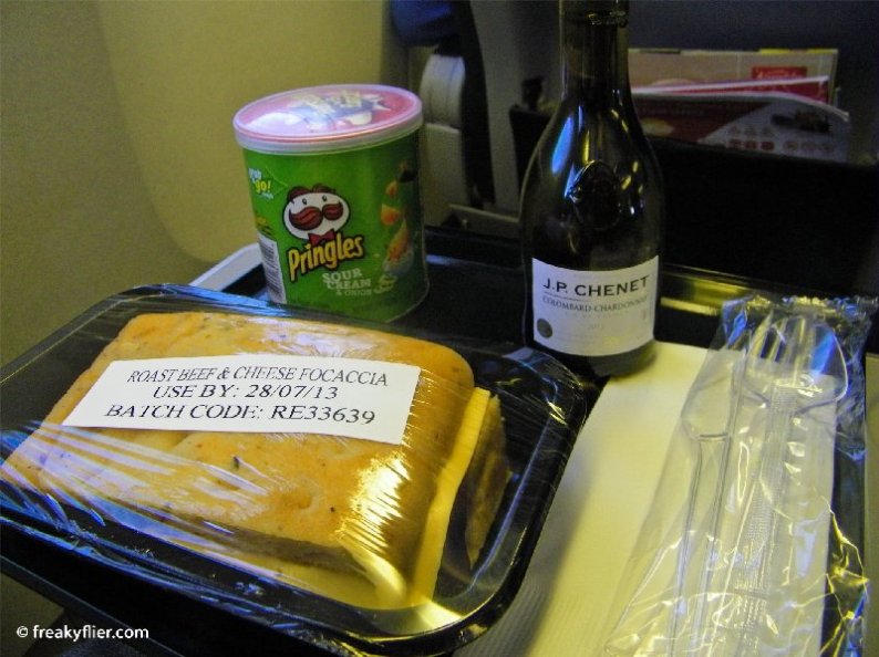 My meal - the beef focaccia, Pringles and a white wine