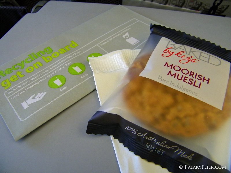 Morning tea on board Qantas flight to Melbourne