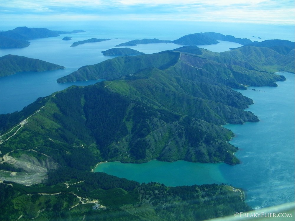 Flying over the Marlborough Sounds on the north of New Zealands South Island