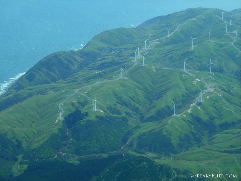 Flying over windfarms at the southern end of the North Island of New Zealand