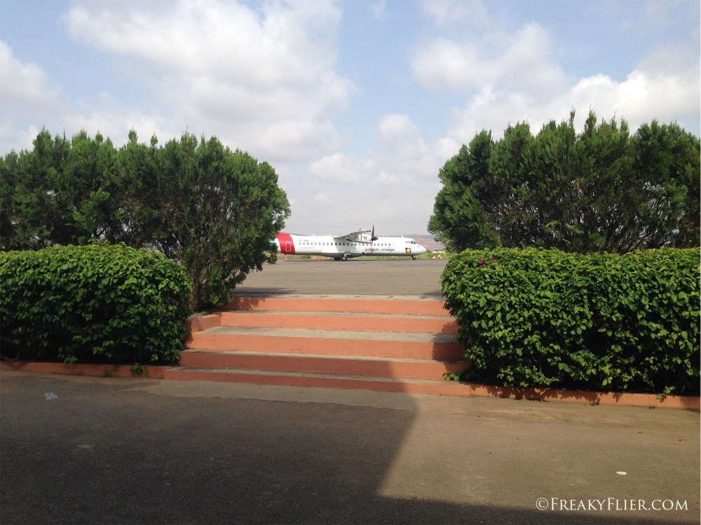 The view from the terminal of a Yangon Airways ATR72-500